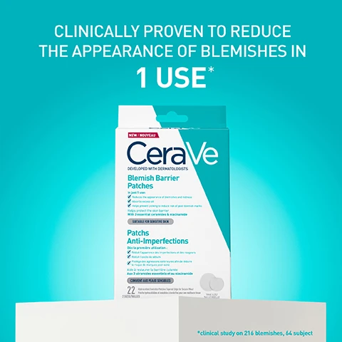 Image 1 - A box of CeraVe Blemish Barrier Patches is shown with the text CLINICALLY PROVEN TO REDUCE THE APPEARANCE OF BLEMISHES IN 1 USE* NEW NOUVEAU CeraVe DEVELOPED WITH DERMATOLOGISTS Blemish Barrier Patches In just 1 use: Reduces the appearance of blemishes and redness Absorbs excess oil Helps prevent picking to reduce risk of post-blemish marks Helps protect the skin barrier With 3 essential ceramides & niacinamide SUITABLE FOR SENSITIVE SKIN Patchs Anti-Imperfections Dès la première utilisation : Réduit lapparence des imperfections et des rougeurs Réduit lexcès de sébum Protège des aggressions extérieures afin de réduire le risque de marques post-acné Aide à restaurer la barrière cutanée Aux 3 céramides essentiels et au niacinamide CONVIENT AUX PEAUX SENSIBLES 22 2 SIZES/TAILLES Hydrocolloid Invisible Patches Tapered Edge for Secure Wear Patchs hydrocolloïdes et invisibles à bords fins pour une meilleure tenue TRUE SIZE/TAILLE RÉELLE *clinical study on 216 blemishes, 64 subject. Image 2 - Three vertical panels show close-ups of fair, dark, and medium skin tones with patches applied, along with the text suitable for all skin tones & sensitive skin. Image 3 - An image showing a white curved object above three vertical sections featuring icons and text. ESSENTIAL 3 CERAMIDES 3 ESSENTIAL CERAMIDES B3 VITAMIN NIACINAMIDE-INFUSED HYDROCOLLOID TECHNOLOGY. Image 4 - Image shows a bottle of CeraVe Blemish Control Cleanser and a box of CeraVe Blemish Barrier Patches on a blue background with text reading CLEANSE, FOR BLEMISH-PRONE SKIN, SOOTHE REDUCE & PROTECT, CeraVe DEVELOPED WITH DERMATOLOGISTS Blemish Control Cleanser For Blemish-Prone Skin Unclogs pores removes blemishes and excess oil while maintaining the protective skin barrier With 3 essential ceramides salicylic acid & niacinamide OIL-ABSORBING TECHNOLOGY Gel Moussant Anti-Imperfections Pour Peaux à Tendance Acnéique Désobstrué les pores réduit les imperfections et lexcès de sébum tout en restaurant la barrière protectrice de la peau Aux 3 céramides essentiels acide salicylique argile blanche & niacinamide TECHNOLOGIE SÉBUM CONTRÔLE 8 FL OZ/236 ml, NEW NOUVEAU CeraVe DEVELOPED WITH DERMATOLOGISTS Blemish Barrier Patches In just 1 use Reduces the appearance of blemishes and redness Absorbs excess oil Helps prevent picking to reduce risk of post-blemish marks Helps protect the skin barrier With 3 essential ceramides & niacinamide SUITABLE FOR SENSITIVE SKIN Patches Anti-Imperfections Dès la première utilisation Réduit lapparence des imperfections et des rougeurs Réduit lexcès de sébum Protège des aggressions extérieures afin de réduire le risque de marques post-acné Aide à restaurer la barrière cutanée Aux 3 céramides essentiels et au niacinamide CONVIENT AUX PEAUX SENSIBLES 22 Hydrocolloid Invisible Patches Tapered Edge for Secure Wear Patchs hydrocolloides et invisibles à bords fins pour une meilleure tenue 2 SIZES TAILLES TRUE SIZE TAILLE RÉELLE.