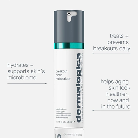 Image 10 - A persons face with one hand gently touching their chin, alongside text about adult breakouts. Adult breakouts can be hard to treat because skins microbiome changes with age. Harsh treatments can disrupt its balance - and even exacerbate signs of skin aging. Selectively targeting breakout-causing bacteria supports a healthy microbiome and clear skin. Image 11 - A diagram titled target breakouts in your daily routine shows a five-step skincare routine: Step 1 cleanse represented by a pump bottle outline, Step 2 exfoliate by a capped bottle outline, Step 3 tone by a spray bottle outline, Step 4 moisturize featuring a Dermalogica breakout biotic moisturizer bottle with visible text dermalogica breakout botic moisturizer daily breakout targeting gel all day oil control reduces post-inflammatory hyperpigmentation 1.7 US FL OZ / 50 mL e, and Step 5 spf for day represented by a capped bottle outline. Image 12 - Five Dermalogica skincare products, including various bottles and a tube, are arranged on a white surface against a teal background; visible text includes solve adult breakouts + renew skin; on the tall white bottle: dermalogica professional-grade skin care by The International Dermal Institute, clearing skin wash, breakout clearing foam, mousse anti-imperfections, Active Clearing, 8.4 US FL OZ / 250 mL e; on the white pump bottle: dermalogica professional-grade skin care by The International Dermal Institute, breakout biotic moisturizer, daily breakout-targeting gel, gel quotidien ciblant les imperfections, 1.7 US FL OZ / 50 mL e; on the small teal serum bottle: dermalogica, AGE bright clearing serum, NPN 80091845, Active Clearing, 1 US FL OZ / 30 mL e; on the small silver oil bottle: dermalogica, retinoid clearing oil, overnight clearing + age-defending oil, huile purifiante pro-âge nuit, NPN 80096914, 1 US FL OZ / 30 mL e; and on the white tube: dermalogica professional-grade skin care by The International Dermal Institute, deep breakout liquid patch, with 5% sulfur + camphor / avec 5 % soufre + camphre, invisible breakout treatment, soin anti-imperfections invisible, Active Clearing, 0.5 US FL OZ / 15 mL e, 4096MK. Image 4 - A white and grey Dermalogica skincare pump bottle reflects on a surface, surrounded by text that reads: hydrates + supports skins microbiome, treats + prevents breakouts daily, helps aging skin look healthier, now and in the future, and on the bottle itself: dermalogica professional-grade skin care by The International Dermal Institute, breakout biotic moisturizer, daily breakout-targeting gel gel quotidien ciblant les imperfections 1.7 US FL OZ / 50 mL e. Image 5 - A Dermalogica product bottle stands on a white and teal background, with text reading: TARGET the bacteria that cause adult breakouts - without disrupting skins microbiome visible improvement IN 20 MINUTES*. The bottle is labeled dermalogica professional-grade skin care by The International Dermal Institute breakout biotic moisturizer daily breakout-targeting gel gel quotidien ciblant les imperfections, and a small asterisked note reads: *Independent clinical results. Based on a 6-week study with 31 volunteers, 2 applications/day. Image 6 - A before-and-after image displays a persons cheek, with the left side labeled before showing noticeable acne blemishes within a dashed oval, and the right side labeled after 5 days showing significantly clearer skin with reduced blemishes within a dashed oval, accompanied by the text CLINICAL PROOF clearer-looking skin in 5 days* *Independent clinical results. Based on a 6-week study with 31 volunteers, 2 applications/day. Image 7 - An infographic displays three ingredient benefits: a microscopic view of green plankton filaments with the text bioengineered plankton extract + glycerin help defend against signs of premature aging; a green agave plant with the text prebiotic blend with Indian Mulberry and Agave hydrates + helps balance skins microbiome; and a clear liquid with bubbles in a petri dish with the text 0.5% salicylic acid reduces breakouts + helps prevent future breakouts. Image 8 - A close-up of a sleek grey cylindrical device with a reflective teal band and a white cord, against a light background, accompanied by text instructions: After cleansing and toning, apply over face and neck in light, upward strokes. Follow with SPF in the morning. Image 9 - A smear of white, translucent gel moisturizer is shown on a teal background with white graphic lines highlighting the product and pointing to the text lightweight, hydrating gel moisturizer.
