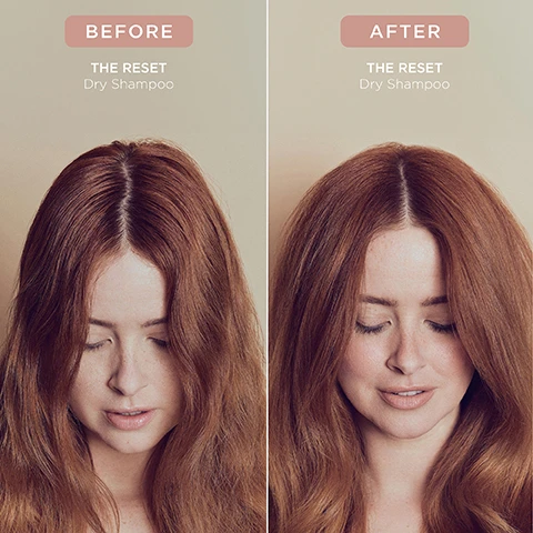 Image 1 - A before and after comparison shows a woman with long reddish-brown hair, with the left side labeled BEFORE depicting flatter hair at the roots and the right side labeled AFTER showing her hair with increased volume and a refreshed look, both panels also feature the text THE RESET Dry Shampoo. Image 2 - A light pink dry shampoo bottle with a floral design is on a beige background next to text that reads HOW TO USE: Shake well before use. Holding 10cm away, section hair and spray directly into roots. Let sit for 30 seconds then remove by massaging with fingertips or brushing through hair. TOP TIPS: For a lighter refresh, spray onto a brush and pass through hair. Apply before bed to soak up excess oil and sweat. Brush through in morning. The bottle also has text: THE RESET FUTURE BLOOM DRY SHAMPOO SHAMPOOING SEC BY ADAMA NET WT. 200mL e 4.0Z (116g). Image 3 - A light pink dry shampoo bottle stands surrounded by a whole orange, a halved orange, a vanilla bean, sliced rhubarb, and a white paper flower, with text reading THE RESET FUTURE BLOOM DRY SHAMPOO SHAMPOOING SEC NET WT. 4.0 OZ (116g), Modified starch absorbs excess oil & sweat, Baobab Oil softens hair & scalp, and an arrow piercing a heart icon. Image 4 - The image displays three pink-colored cosmetic products, including a tall dry shampoo can and two rectangular perfume bottles, arranged on a light background, with accompanying text LAYER IT UP Obsessed with Future Bloom? Explore the fragrance further with our hair & skin Eau de Parfum and experience it across our Cleanse, Create and Treat ranges. Layer the scent for lasting impact. The dry shampoo bottle has text that reads THE RESET FUTURE BLOOM DRY SHAMPOO SHAMPOOING SEC NET WT. 200mLe 4.0 OZ (116g). Image 5 - A flat lay image displays a vanilla bean pod, an orange slice with green leaves, a white paper flower, and a rhubarb slice on a light background, with text that reads: SMELLS LIKE: FUTURE BLOOM A genderful floral fragrance that emulates a sun-soaked summer walk; liberating, luminous and full of potential. HEAD NOTES MANDARIN RHUBARB HEART NOTES JASMINE LILY OF THE VALLEY GROUND NOTES TEA ROSE VANILLA. Image 6 - A hand holds a light pink dry shampoo bottle labeled THE RESET FUTURE BLOOM DRY SHAMPOO SHAMPOOING SEC BY ADAM REED NET WT. 200ml e 4.0 fl oz (116g), set against a background of sliced oranges and flowers, with additional visible text stating MADE WITHOUT: AMMONIA LACTOSE LATEX MINERAL OIL SILICONE SULPHATE GLUTEN TALC PARABENS, and icons with text for Vegan Certified, Certified B Corporation, Made with recycled content, Cruelty-Free & Vegan, and Award Winning.