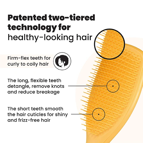 Image 1 - An image displays a yellow detangling hairbrush with a magnified view of its two-tiered teeth structure, accompanied by text explaining its features: Patented two-tiered technology for healthy-looking hair. Firm-flex teeth for curly to coily hair. The long, flexible teeth detangle, remove knots and reduce breakage. The short teeth smooth the hair cuticles for shiny and frizz-free hair. Image 2 - A smiling person with reddish-brown curly hair and freckles rests their chin on their hand, with text above them reading The perfect duo for thick, curly & coily hair. Image 3 - A black ergonomic scalp massage brush with flexible bristles is shown on the right, with five features listed on the left each with an icon: De-stresses scalp for healthy hair, Stimulates scalp, Gently exfoliates and removes build up, Unique palm-friendly shape, and For wet or dry scalp.