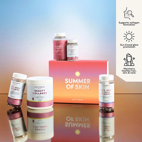 Image 2-myvitamins-en_GB - A collection of Myvitamins beauty products are displayed on a reflective surface against a gradient background, featuring bottles of Myvitamins Beauty Tanning Tablets, Myvitamins Beauty Hyaluronic Acid, Myvitamins Beauty Collagen Gummies Pomegranate, Myvitamins Beauty Hair, Skin & Nails Gummies Blueberry, and a tub of Myvitamins Beauty Collagen 180g, arranged around a central box that reads Summer of Skin Myvitamins, with three icons on the right indicating benefits: Supports collagen formation, Sun kissed glow promotion, and Maintains healthy hair, skin & nails.