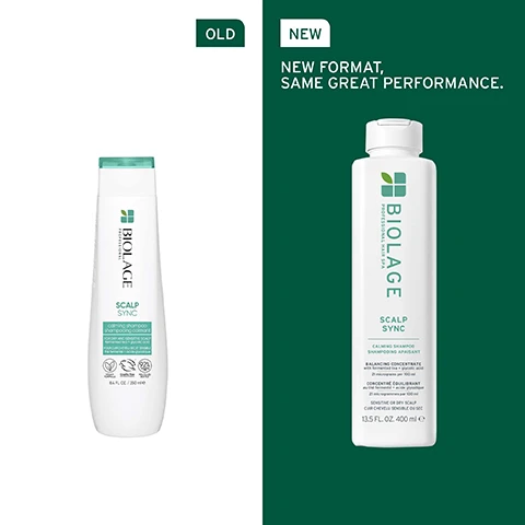 Image 1 - Two Biolage Scalp Sync shampoo bottles are shown side-by-side, one labeled OLD and the other NEW, with text NEW FORMAT, SAME GREAT PERFORMANCE. Image 2 - Close-up of a person applying product to dark hair and scalp near their ear with the text GENTLY BALANCES SCALPS MOISTURE & SEBUM LEVELS. Image 3 - Close-up of translucent green leaves and a water drop with text that reads FORMULATED WITH TEA BLEND To help reduce irritation and itchiness for a refreshing scalp reset. Image 4 - Abstract close-up of a liquid surface on the right and text on a green background on the left reading MICRO-DOSED BALANCING CONCENTRATE 21 micrograms per 100 ml Tea blend [Fermented] Glycolic acid [Filtered]. Image 5 - Green background with white text reading IS IT FOR ME? SCALP SYNC, BEST FOR Dry or sensitive scalps, HAIR TYPE Fine to thick, KEY BENEFITS Calms with a hydrating feel, and a small square logo. Image 6 - The image shows three Biolage Scalp Sync products for a hair care routine with step numbers 01 Pre-wash, 02 Cleanse, and 03 Condition. Image 7 - A close-up of glass laboratory equipment with liquid drops falling, with the text FORMULATED WITH GLYCOLIC ACID To help clear away product buildup and dead cells to support a balanced scalp.