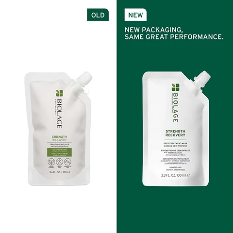Image 1 - Image shows two pouches of Biolage Strength Recovery deep treatment mask side by side, labeled OLD on the left and NEW on the right, with the new pouch featuring the text NEW PACKAGING, SAME GREAT PERFORMANCE along with product details including size and usage instructions.
              Image 2 - A close-up image of smooth, shiny hair from the side, with visible text that reads INTENSELY CONDITION AND FORTIFY STRANDS WHILE REDUCING BREAKAGE.
              Image 3 - An image of olive leaves and an olive surrounded by a circular, reflective droplet, with the text FORMULATED WITH OLIVE SQUALANE To lock in nourishment while protecting the surface of your hair to reduce breakage.
              Image 4 - The image shows a close-up of a cream or lotion container with a smooth, white product inside, accompanied by text on the left side that reads MICRO-DPOSED STRENGTHENING CONCENTRATE, 19 micrograms per 100 ml, Olive squalane [Distilled], and Proteins [Distilled].
              Image 5 - Image shows a dark green background with a white text layout detailing hair care recommendations; the title reads IS IT FOR ME? STRENGTH RECOVERY, followed by sections for BEST FOR which includes damaged hair and suitability for colour-treated hair, HAIR TYPE indicating fine to thick hair, and KEY BENEFITS stating strength and nourishment.
              Image 6 - Three hair care products on a gradient green background, including a shampoo bottle labeled BIOLAGE STRENGTH RECOVERY, a deep treatment mask pouch, and a repairing spray bottle, with step-by-step instructions above reading 01 Cleanse, 02 Condition, and 03 Prep.
              Image 7 - An illustrated glass container holding liquid with bubbles, labeled FORMULATED WITH PROTEINS and the text To strengthen and nourish the hair.
