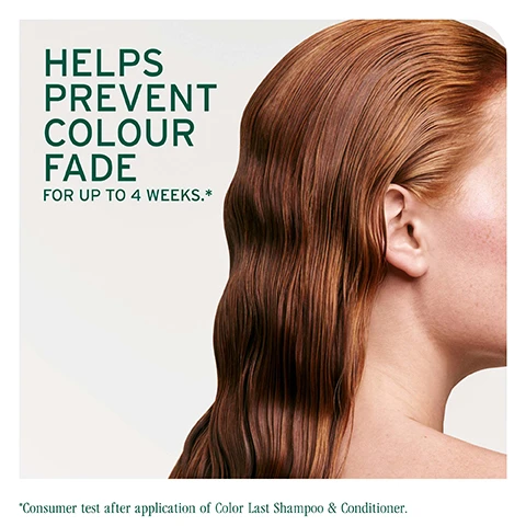 Image 1 - A close-up image of a woman with long, wavy, red-brown hair, displaying text that reads HELPS PREVENT COLOUR FADE FOR UP TO 4 WEEKS.*
              Image 2 - An artistic close-up image of green soybeans with a glossy texture and a translucent droplet, featuring the text FORMULATED WITH SOYBEAN OIL To help seal in nourishment for dehydrated colour-treated hair, while preserving colour.
              Image 3 - A close-up of a white cream inside a round container, with text on the left side that reads MICRO-DOSSED COLOUR CARE CONCENTRATE, 12 micrograms per 100 ml, Soybean oil [Filtered], Stearic acid [Filtered].
              Image 4 - Image showing a green background with white text organized in a table format titled IS IT FOR ME? COLOR LAST, listing BEST FOR as colour-treated hair, HAIR TYPE as from fine to thick hair, and KEY BENEFITS as protects and preserves colour depth and tone, adds shine.
              Image 5 - A close-up view of intertwined green tubes with droplets, featuring the text that reads, FORMULATED WITH STEARIC ACID To gently cleanse and coat hair in a protective barrier.
              Image 6 - Two bottles of Biolage products are displayed on a green background, labeled as Cleanse for the shampoo on the left and Condition for the conditioner on the right, with additional text indicating COLOR LAST and COLOR CARE CONCENTRATE.