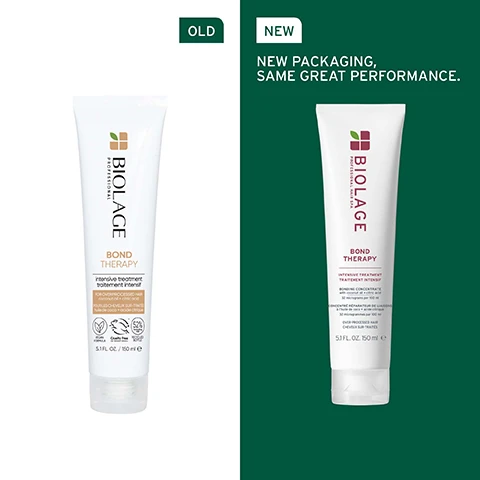 Image 1 - A side-by-side comparison of two tubes of Biolage hair treatment, with the left labeled OLD and the right labeled NEW, featuring the text NEW PACKAGING, SAME GREAT PERFORMANCE.
              Image 2 - A close-up view of curly hair with darker and lighter highlights, displaying the text UP TO 33% LESS BREAKAGE* and UP TO 11X SMOOTHER HAIR** in bold white lettering.
              Image 3 - Close-up of a drop of oil hanging from a coconut fiber, with the text FORMULATED WITH COCONUT OIL To shield strands for supreme smoothness.
              Image 4 - Image features a dark green background with white text outlining information about a bond therapy treatment; sections include BEST FOR with details about over-processed and colour-treated hair, HAIR TYPE indicating fine to coarse, and KEY BENEFITS listing the advantages such as reinforcing weakened bonds and softening hair.
              Image 5 - An abstract image featuring green, bubble-like shapes connected by clear tubes, with visible text that reads: Formulated with CITRIC ACID To reinforce weakened bonds to improve strength and resilience.
              Image 6 - Four hair care products from Biolages Bond Therapy line are displayed against a green background, labeled in order as Treat, Cleanse, Condition, and Protect, with the product types indicated as intensive treatment, shampoo, conditioner, and repairing leave-in cream.