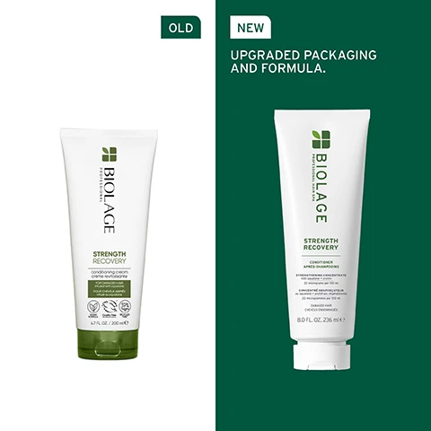 Image 1 - An image comparing two tubes of Biolage Strength Recovery conditioner, with the older packaging on the left labeled as OLD and the new packaging on the right labeled as NEW, which includes the text UPGRADED PACKAGING AND FORMULA.
              Image 2 - Image shows a close-up of a womans back head with smooth, shiny dark hair, and the text reads UP TO 44% LESS BREAKAGE* along with a small footnote that says *High repetition, instrumental test. Strength Recovery Shampoo and Conditioner vs non-conditioning shampoo on bleached hair.
              Image 3 - A close-up image of glossy green olive leaves with a circular droplet, featuring the text FORMULATED WITH OLIVE SQUALANE To lock in nourishment while protecting the surface of your hair to reduce breakage.
              Image 4 - A close-up of a creamy white product in a round container against a muted green background, with text on the left side displaying MICRO-DOSED STRENGTHENING CONCENTRATE, 22 micrograms per 100 ml, Olive squalane [Distilled], and Proteins [Distilled].
              Image 5 - A green background image with the text IS IT FOR ME? STRENGTH RECOVERY at the top, followed by sections labeled BEST FOR with the text Damaged hair. Suitable for colour-treated hair., HAIR TYPE with the text Fine to thick., and KEY BENEFITS with the text Strength and nourishment.
              Image 6 - Three hair care products from Biolage are displayed on a gradient green background: a shampoo labeled Strength Recovery, a conditioner tube also labeled Strength Recovery, and a repairing spray labeled Strength Recovery, with instructions above each product indicating Cleanse, Condition, and Prep.
              Image 7 - An illustration of a glass container with liquid and bubbles, featuring text that reads FORMULATED WITH PROTEINS and To strengthen and nourish the hair.