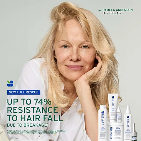 Image 2 - A smiling Pamela Anderson with blonde hair and a white shirt poses next to several white Biolage Full Rescue hair products, with text that reads + Pamela Anderson for Biolage, New Full Rescue, Up to 74% resistance to hair fall due to breakage, and a disclaimer stating High repetition, instrumental test. Full Rescue Shampoo, Conditioner and Serum vs. non-conditioning shampoo on bleached hair. Image 3 - A person’s dark, wet hair, with traces of white product, is shown alongside the text UP TO +71% SOFTER HAIR AFTER ONE USE* and a small disclaimer *Full Rescue Mask vs non-conditioning shampoo. Image 4 - A before and after comparison showing the back of a persons long dark brown hair, where the left image shows hair that is straighter and less voluminous, and the right image shows hair that is fuller and more voluminous with a distinct U-shaped trim. BEFORE / AFTER After one use of Full Rescue Shampoo, Mask & Serum. Image 5 - A split image shows a woman with shoulder-length brown hair before and after treatment, with the left side showing straighter, less voluminous hair and the right side showing noticeably fuller, wavier hair, with the text BEFORE / AFTER and *After one use of Full Rescue Shampoo, Mask and Spray. Image 6 - Close-up of fresh rosemary sprigs with water droplets and a translucent curved object, against a teal background, with text that reads FORMULATED WITH ROSEMARY OIL To help fortify hair at the root, and prevent hair fall* due to mechanical stress. *due to breakage. Image 7 - A split image shows a dark green panel on the left with a blue and green logo and white text, alongside a close-up of a light green, slightly viscous liquid in a circular dish with light reflections on the right. The text reads: MICRO-DOSED FORTIFYING CONCENTRATE, 2 micrograms per 100 ml, Rosemary oil [Steam-distilled], Niacinamide. Image 8 - White text on a dark green background presents product information. The text reads: IS IT FOR ME? FULL RESCUE. BEST FOR: Hair fall due to breakage. HAIR TYPE: Thin. KEY BENEFITS: Fortifies hair, creates an instantly fuller appearance. A small white stylized leaf logo is displayed below the benefits. Image 9 - The image displays four white Biolage Professional Hair Spa Full Rescue products on a shelf against a green background, representing a 4-step hair care routine: 01 Cleanse, a 13.5 FL. OZ. 400 ml e Shampoo, Fortifying Concentrate with rosemary oil + niacinamide 6 micrograms per 100 ml for Breaking, Falling Hair; 02 Condition, a 16.9 FL. OZ. 500 ml e Restorative Mask, Fortifying Concentrate with rosemary oil + niacinamide 2 micrograms per 100 ml for Breaking, Falling Hair; 03 Treat, a 1.6 FL. OZ. 50 ml e Invigorating Scalp Serum; and 04 Prep, an 8.5 FL. OZ. 250 ml e Densifying Leave-In Spray, Fortifying Concentrate rosemary oil + niacinamide 25 micrograms per 100 ml for Breaking, Falling Hair. Image 10 - The image shows a greenish background with segmented shapes and clear bubbles of various sizes, with text overlayed that reads: FORMULATED WITH NIACINAMIDE To help balance the scalp with hydration and protects against aggressors that can dry the scalp.