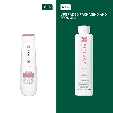 Image 1 - Image shows two shampoo bottles side by side, an older bottle on the left labeled OLD and a new bottle on the right labeled NEW with the text UPGRADED PACKAGING AND FORMULA along with the product name BIOLAGE COLOR LAST and usage details for color-treated hair.
              Image 2 - A woman with long, wavy, reddish-brown hair is shown from the side, with text that reads HELPS PREVENT COLOUR FADE FOR UP TO 4 WEEKS.* *Consumer test after application of Color Last Shampoo & Conditioner.
              Image 3 - An image of green plant cells with a magnifying effect, featuring the text FORMULATED WITH SOYBEAN OIL To help seal in nourishment for dehydrated colour-treated hair, while preserving colour.
              Image 4 - A close-up of a round, frosted white sphere with bubbles on a muted green background, featuring text that reads MICRO-DOSED COLOR CARE CONCENTRATE, 11 micrograms per 100 ml, and Soybean oil [Micro-filtered].
              Image 5 - Informational graphic titled Is it for me? Color Last with text indicating its best for colour-treated hair, suitable for fine to thick hair, and key benefits include protection and preservation of colour depth and tone, adds shine.
              Image 6 - An image of two white bottles of hair care products placed on a glass surface with a green background; the left bottle is labeled BIOLAGE COLOR LAST Shampoo and the right bottle is labeled BIOLAGE COLOR LAST Conditioner, with the numbers 01 and 02 indicating the order of use, and both bottles contain 13.5 fl oz or 400 ml.
