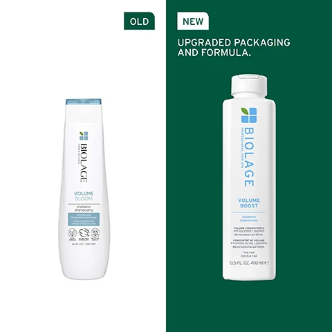Image 1 - Image shows two shampoo bottles side by side with the left being the old packaging labeled OLD with the text BIOLAGE VOLUME BLOOM shampoo and the right being the new packaging labeled NEW with text UPGRADED PACKAGING AND FORMULA along with BIOLAGE VOLUME BOOST SHAMPOO and additional information on the bottle.
              Image 2 - A close-up view of a womans shoulder-length brunette hair styled in a smooth bob, with text overlay that reads IMMEDIATE LIFT & VOLUME FROM ROOT TO TIP.
              Image 3 - A close-up image shows green soybeans in their pod with a droplet of water highlighting the texture, accompanied by the text FORMULATED WITH SOY PROTEIN and To help retain nourishment and prevent brittleness.
              Image 4 - A round, pale green container is displayed on a gray background, with text on the left side stating Micro-Dosed Volume Concentrate, 58 micrograms per 100 ml, Soy protein [Micro-filtered], and Polymers [Micro-filtered].
              Image 5 - Image shows a green background with white text organized in columns titled IS IT FOR ME? VOLUME BOOST, BEST FOR, HAIR TYPE, and KEY BENEFITS, detailing that it is best for fine hair and suitable for colour-treated hair, designed for fine hair, and its key benefits include boosting volume, retaining moisture, and creating the appearance and feel of fuller hair.
              Image 6 - A pair of white shampoo and conditioner bottles labeled BIOLAGE VOLUME BOOST, with 01 Cleanse and 02 Condition headings above them, set against a gradient green background.
              Image 7 - A close-up image of a transparent bottle with a spiraled inner structure, featuring green liquid and text that reads Formulated with POLYMERS To add volume, promoting natural-looking lift and fullness.