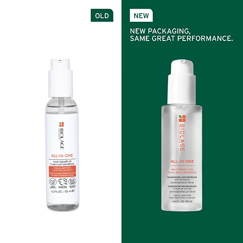 Image 1 - The image shows two bottles of Biolage hair oil side by side, labeled OLD and NEW, with the old product on the left and the new product on the right, the new bottle features the text NEW PACKAGING, SAME GREAT PERFORMANCE.
              Image 2 - A close-up of curly hair with a blend of dark and light strands alongside the text WEIGHTLESS CONDITIONING & NOURISHMENT.
              Image 3 - A close-up of green leaves with a magnifying effect on one leaf, featuring text that reads FORMULATED WITH MORINGA OIL and To help nourish strands for a smooth, touchable finish.
              Image 4 - Image of a circular glass container filled with a light green liquid, with a green label on the left side reading Micro-Dosed Nourishing Concentrate, 30 micrograms per 100 ml, Moringa Oil [Filtered].
              Image 5 - Image features a green background with white text outlining product details: IS IT FOR ME? ALL-IN-ONE, BEST FOR with information on suitability for all hair types and colour-treated hair, HAIR TYPE indicating medium to thick hair, and KEY BENEFITS listing benefits including weightlessly nourishing, detangling, smoothing frizz and flyaways, absorbing quickly, and adding shine, softness, and control.
              Image 6 - Image shows three Biolage hair care products on a gradient green background, labeled 01 Cleanse, 02 Condition, and 03 Prep, with text indicating Any Biolage Shampoo, Any Biolage Conditioner, and ALL-IN-ONE Multi-Treatment Oil.
