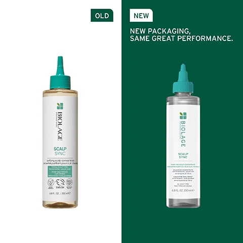 Image 1 - An image showing two bottles of Biolage Scalp Sync scalp concentrate side by side; the left bottle is labeled OLD and has a green cap, while the right bottle is labeled NEW with a blue-green cap and text stating NEW PACKAGING, SAME GREAT PERFORMANCE.
              Image 2 - Image shows the side profile of a person with wet hair slicked back, accompanied by the text GENTLY BALANCES SCALP’S MOISTURE & SEBUM LEVELS.
              Image 3 - A close-up image of green leaves with a droplet on one of them, featuring the text formulated with tea blend and to help reduce irritation and itchiness for a refreshing scalp reset.
              Image 4 - A persons back and shoulder are visible with sleek, straight black hair; the image includes text that reads: STEP 1 Before shampooing apply evenly on dry hair throughout scalp. STEP 2 Massage for 5 minutes and leave on for 15 minutes, then rinse.
              Image 5 - Image of four Biolage hair care products arranged in a line, labeled with numbers and titles: 01 Pre-wash, 02 Cleanse, 03 Condition, and 04 Treat; products include a green-topped bottle, a shampoo bottle, a conditioner tube, and a dropper bottle, all under a green background.
              Image 6 - Image shows a green background with text titled IS IT FOR ME? SCALP SYNC followed by sections labeled BEST FOR, HAIR TYPE, and KEY BENEFITS detailing best for oily, sensitive, and dry scalps, hair type fine to thick, and the benefits of exfoliating to remove buildup and excess sebum. A small note indicates conditions apply when used with shampoo, conditioner, and leave-in serum.
              Image 7 - A clear glass laboratory flask with droplets of liquid forming at the spout, with text indicating it is formulated with glycolic acid to help clear away product buildup and dead cells to support a balanced scalp.