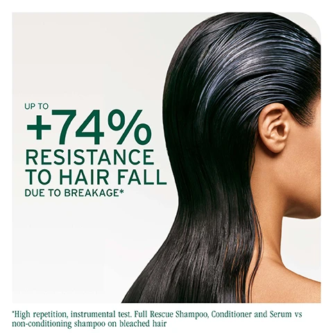 Image 1 - A close-up image of a models shiny, straight hair with the text showing UP TO +74% RESISTANCE TO HAIR FALL DUE TO BREAKAGE* in bold green letters and a footnote about a hair care product test.
              Image 2 - Image shows a side-by-side comparison of a persons hair before and after using hair treatment products, with the left side showing duller hair and the right side displaying smooth, shiny hair, and includes the text After one use of Full Rescue Shampoo, Mask & Serum.
              Image 3 - A close-up image of green plant leaves with water droplets, featuring the text FORMULATED WITH ROSEMARY OIL and To help fortify hair at the root, and prevent hair fall* due to mechanical stress. in a stylized format.
              Image 4 - A close-up of a green-tinted serum in a shallow dish, with text on the left reading Micro-Dosed Fortifying Concentrate, 5 micrograms per 50 ml, Rosemary oil [Steam-distilled], Niacinamide.
              Image 5 - Image features a green background with white text outlining product information for Full Rescue, indicating it is best for hair fall due to breakage, suitable for thin hair, and key benefits are fortifying hair and creating an instantly fuller appearance.
              Image 6 - Image shows four Biolage hair care products on a green background, with labels indicating the steps: Cleanse, Condition, Treat, and Prep, featuring shampoo, conditioner, a treatment serum, and a leave-in spray, all part of the Full Rescue line.
              Image 7 - A textured green background with dewdrops, featuring the text formulated with niacinamide and a description that reads to help balance the scalp with hydration and protects against aggressors that can dry the scalp.