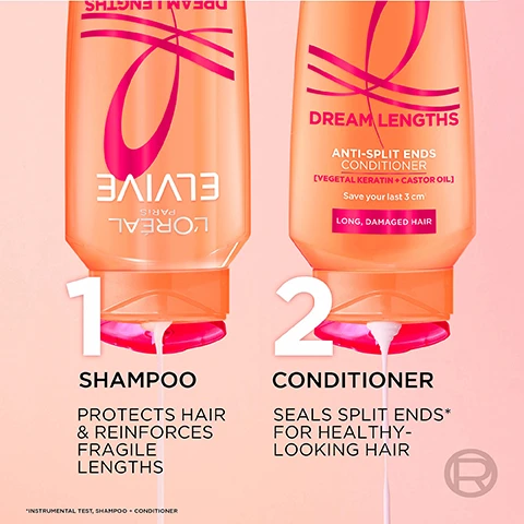 Image 1 - Two LOreal Elvive Dream Lengths bottles are shown with descriptive text; Bottle 1 is Shampoo Protects Hair & Reinforces Fragile Lengths and Bottle 2 is Dream Lengths Anti-Split Ends Conditioner [Vegetal Keratin + Castor Oil] Save your last 3 cm Long, Damaged Hair Seals Split Ends* For Healthy-Looking Hair, with small text *Instrumental Test, Shampoo + Conditioner below. Image 2 - Three before and after views show hair transformations from frizzy or curly to smooth and straight, with the text TRANFORMS ALL TYPES OF HAIR and labels BEFORE and AFTER. Image 3 - A picture shows an old LOreal Elvive Dream Lengths shampoo bottle next to a new bottle, with text saying NEW BOTTLE -15% PLASTIC* SAME VOLUME, OLD, NEW, and *VS THE PREVIOUS BOTTLE. Image 4 - Image shows two bottles of LOreal Elvive Dream Lengths conditioner, an old squat bottle and a new taller bottle, shown side-by-side with an arrow pointing from old to new, alongside text that reads NEW BOTTLE -15% PLASTIC* SAME VOLUME OLD NEW *VS THE PREVIOUS BOTTLE. Image 5 - Image shows an orange LOreal Elvive Dream Lengths Anti-Split Ends Conditioner bottle with liquid dripping on a pink background REDESIGNED. RECYCLED. RECYCLABLE. OUR ELVIVE BOTTLE: -15% PLASTIC* RECYCLABLE MADE USING RECYCLED PLASTIC EXCEPT DYES, ADDITIVES & LABELS *VS THE PREVIOUS BOTTLE LOREAL PARIS ELVIVE DREAM LENGTHS ANTI-SPLIT ENDS CONDITIONER [VEGETAL KERATIN + CASTOR OIL] Save your last 3 cm LONG, DAMAGED HAIR.