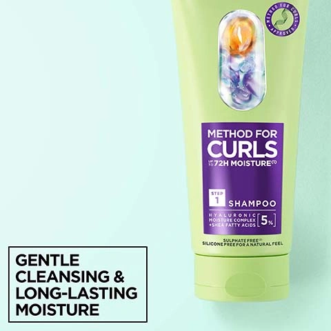 Image 2 - A light green shampoo bottle with a purple label is shown, featuring an oval window with orange and blue liquid inside, against a light blue background; the bottle text reads METHOD FOR CURLS 72H MOISTURE, STEP 1 SHAMPOO, HYALURONIC MOISTURE COMPLEX + SHEA FATTY ACIDS, 5%, SULPHATE FREE, SILICONE FREE FOR A NATURAL FEEL, and a small circular logo states METHOD FOR CURLS APPROVED, while additional text in a box on the left reads GENTLE CLEANSING & LONG-LASTING MOISTURE. Image 3 - A stack of three light green Garnier Method for Curls hair mask tubs is shown against a light green background, with the middle tub upright displaying GARNIER METHOD FOR CURLS 3 MASK HYALURONIC ACID + SHEA BUTTER, and text on the left stating CURLS FEEL HYDRATED FOR UP TO 7 DAYS.* with a small disclaimer *Consumer test. 79 people using shampoo, pre-shampoo and mask. Image 4 - A clear Garnier spray bottle with a light green cap emits a fine mist, containing orange and purple capsules, with the visible text Garnier, Method For Curls Approved, Method For Curls Shape, and Long Lasting Moisture & Definition. Image 5 - The image displays a grid with three before and after comparisons of curly hair in dark brown, blonde, and reddish-brown shades, showing more defined curls after, alongside a text box that reads CURLS FEEL MOISTURISED FOR UP TO 100H* and a small caption *Instrumental test. Image 6 - The image displays three vertical panels of curly hair, featuring blonde loose curls, dark brown tight coils, and reddish-brown medium curls, with text overlay that reads DESIGNED FOR ALL CURL TYPES, INCLUDING TYPE 4 CURLS AND COILS.