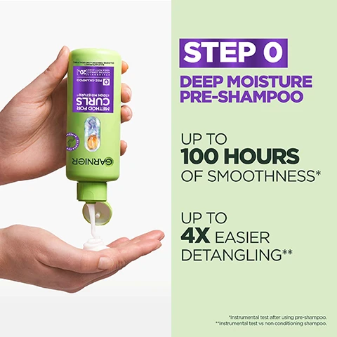 Image 1 - A hand squeezes product from a light green Garnier Method For Curls Pre-Shampoo bottle into another hand, next to text that reads STEP 0 DEEP MOISTURE PRE-SHAMPOO UP TO 100 HOURS OF SMOOTHNESS* UP TO 4X EASIER DETANGLING** *Instrumental test after using pre-shampoo. **Instrumental test vs non conditioning shampoo. Image 2 - A hand holds a green Garnier Method for Curls 72H Moisture 1 Shampoo bottle pouring into another hand with text on the side that reads STEP 1 HYDRATING SHAMPOO UP TO 72 HOURS OF SMOOTHNESS* CURLS FEEL MOISTURISED & ARE GENTLY CLEANSED. *Instrumental test after use of shampoo and mask. Image 3 - A hand taking product from a green Garnier hair mask tub with text that reads STEP 2 CONDITIONING MASK +92% SMOOTHNESS AFTER ONE WASH* PENETRATES 5 CUTICLE LAYERS DEEP, PROVIDING LONG LASTING SMOOTHNESS & DEFINITION** *Instrumental test using pre-shampoo, shampoo and mask vs. non conditioning shampoo on bleached hair. **Instrumental test. Image 4 - A person is spraying a bottle of hair product onto their curly hair next to text instructions that read HOW TO USE STEP 3 MOISTURE SPRAY CAN BE USED IN 2 WAYS: 1 ON WASHDAYS, AT THE END OF THE ROUTINE ON DAMP HAIR, FOR CURL DEFINITION 2 IN BETWEEN WASHES TO REFRESH & REVIVE CURL BOUNCE SPRAY ON DAMP OR DRY CURLS, SCRUNCH & LET DRY. Image 5 - Image shows four split-screen before and after examples of curly hair, labeled Type 2, Type 3, and Type 4, alongside the text BEFORE AFTER** TYPE 2 BEFORE AFTER** TYPE 2 CURLS FEEL HYDRATED FOR UP TO 7 DAYS* BEFORE AFTER** TYPE 3 BEFORE AFTER** TYPE 4 *Consumer test, 79 people using shampoo, pre-shampoo and mask. **Results achieved using full Method For Curls routine, Steps 0-3. Individual results may vary. Image 6 - Four smiling people showing a variety of curly and coily hair types, with the text DESIGNED, TESTED & APPROVED ON ALL CURL TYPES, INCLUDING TYPE 4 CURLS/ COILS. Image 7 - A smiling woman with curly hair in motion, with a purple badge that says TESTED & APPROVED ON ALL CURL TYPES 2A-4C.
