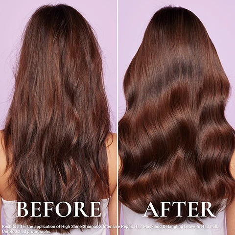Image 1 - A split image shows a persons brown hair from the back, with the left side labeled BEFORE showing frizzy and less defined hair, and the right side labeled AFTER showing smooth, shiny, wavy hair. Results after the application of High Shine Shampoo, Intensive Repair Hair Mask and Detangling Leave-In Hair Milk. Unretouched photographs. Image 2 - A close-up of a person with brown hair and a hand near their face, set against a lavender and white background, with text reading 0% SILICON & VEGAN FORMULA and *Vegan formula without ingredients or derivatives of animal origin. Image 3 - A pink Nuxe Hair Prodigieux spray bottle for hair milk lies in a swirl of white cream, with text on the bottle reading NUXE PARIS, Hair Prodigieux, LE LAIT, LAIT CAPILLAIRE DÉMÊLANT SANS RINÇAGE À lhuile fermentée de camélia rose, DETANGLING LEAVE-IN HAIR MILK With fermented pink camellia oil, 230°C THERMO PROTECTION HEAT PROTECTION, CLEAN & VEGAN FORMULA*, e 100 ml 3.3 FL. OZ., and large text beside it saying 96% INGREDIENTS OF NATURAL ORIGIN. Image 4 - A close-up of a person combing through their brown hair with a black comb, with white text overlaying the image that reads 230°C HEAT PROTECTION.