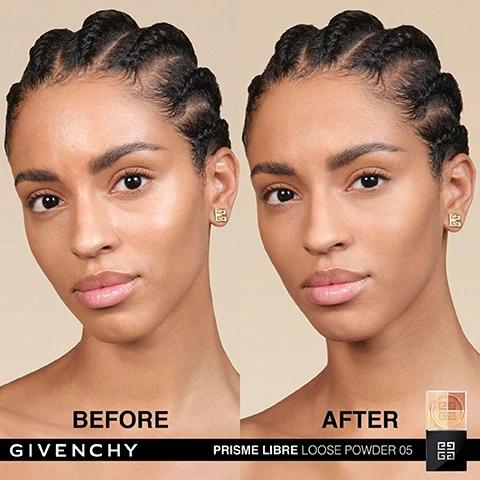 Image 1 - Before and after split image of a womans face with text reading BEFORE AFTER GIVENCHY PRISME LIBRE LOOSE POWDER 05.
              Image 2 - Four panels show shaking the container, powder stamped on cheek, blending powder with a puff, and the final look, with text reading SHAKE IT STAMP IT BLEND IT AFTER GIVENCHY PRISME LIBRE LOOSE POWDER 03.
              Image 3 - Image shows four skin tone examples labeled Fair, Light, Medium, and Deep paired with images of Givenchy Prisme Libre Loose Powder compacts and shade names Mousseline Pastel 01, Satin Blanc 02, Voile Rosé 03, Mousseline Acidulée 04, Popeline Mimosa 05, and Organza Ambrée 06, along with the text Givenchy Prisme Libre Loose Powder.
              Image 4 - A cosmetic compact with four shades is shown on a background split into four colors with text reading SHADE 05 FOR MEDIUM-TO-DEEP COMPLEXIONS HELPS TO CORRECT BLUE TONES BOOSTS SKINS RADIANCE HELPS TO CORRECT PURPLE TONES UNIFIES SKINTONE MIX TOGETHER THE 4 COLORS FOR A PERFECTLY BLURRED COMPLEXION.
              Image 5 - A clear compact of Givenchy Prisme Libre 4-color loose powder surrounded by puffs of colored powder. Text: NEW PRISME LIBRE 4-COLOR LOOSE POWDER GIVENCHY 24H LUMINOUS MATTE* - 12H SET & BLUR* BARE SKIN SENSATION *INSTRUMENTAL TEST ON 27 VOLUNTEERS AFTER APPLICATION