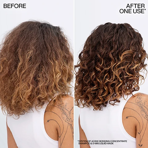 Image 3 - A split image shows a persons brown, curly hair from the back, with the left side labeled BEFORE displaying frizzy, less defined curls and the right side labeled AFTER ONE USE* showing shiny, well-defined curls, with additional text at the bottom right stating *SYSTEM OF ACIDIC BONDING CONCENTRATE SHAMPOO & 5-MIN LIQUID MASK. Image 4 - The image is a split screen showing the back of a persons head with short, curly, reddish-brown hair, with the left side labeled BEFORE showing slightly frizzy hair and the right side labeled AFTER* showing more defined curls, with additional text *ALL SOFT SHAMPOO, CONDITIONER, AND MOISTURE RESTORE. Image 5 - A split image shows a persons curly hair from the back, with the left side showing frizzy, less defined curls labeled BEFORE, and the right side showing smoother, more defined curls labeled AFTER ONE USE*, with a footnote stating *SYSTEM OF ACIDIC BONDING CONCENTRATE SHAMPOO, LIGHTWEIGHT LIQUID CONDITIONER & LEAVE-IN. Image 6 - The image displays swatches of white and off-white creamy products and foamy bubbles on a light background, with the text Citric Acid + Bonding Care Complex Builds Bonds + Strengthens Hair prominently displayed. Image 7 - A hand pours Redken Acidic Bonding Concentrate Shampoo from a refill pouch into a bottle, with the pouch showing Redken Acidic Bonding Concentrate Shampoo refill recharge -68% plastic per ml, and the image prominently displaying How to Refill instructions: 1 Wash hands, 2 Remove caps, 3 Pour into unrinsed Acidic Bonding Concentrate Shampoo bottle*, followed by a note *Write the refill date and batch number on the bottle, available on the back of the pouch.