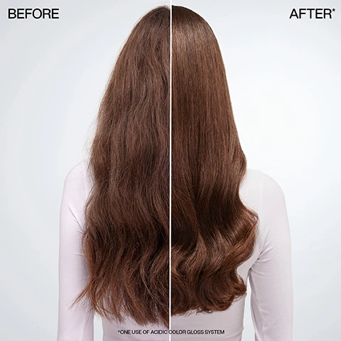 Image 3 - A split image shows a persons back with long brown hair, frizzy and dull on the left, and smooth, shiny, and wavy on the right, with text BEFORE, AFTER*, and *ONE USE OF ACIDIC COLOR GLOSS SYSTEM. Image 4 - A split image shows a persons hair before and after a treatment, with the left side labeled BEFORE displaying dull, light brown hair, and the right side labeled AFTER* showing the same hair with significantly more shine, richer color, and soft waves, followed by the text *ONE USE OF ACIDIC COLOR GLOSS SYSTEM. Image 5 - A split image shows a persons reddish-brown hair from the back, with the left side depicting dry, dull, and frizzy hair labeled BEFORE, and the right side showing shiny, smooth, and vibrantly wavy hair labeled AFTER*, with a footnote reading *ONE USE OF ACIDIC COLOR GLOSS SYSTEM. Image 6 - White shampoo foam and liquid are shown on a white background with black corner brackets, displaying the text SHINE & COLOR CARE SHAMPOO FOR COLOR-TREATED HAIR. Image 7 - A persons hand pours white Redken Acidic Color Gloss Gentle Color Shampoo from a black refill pouch, labeled with recharge refill -68% plastique par ml, into a black Redken shampoo bottle, alongside instructions that read HOW TO REFILL, 1 Wash hands, 2 Remove caps, 3 Pour into unrinsed Acidic Color Gloss Shampoo bottle*, with a small note stating *Write the refill date and batch number on the bottle, available on the back of the pouch.