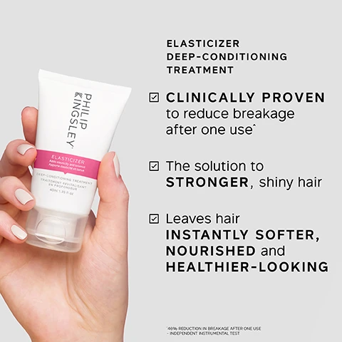 Image 1 - A hand holds a white tube of Philip Kingsley Elasticizer Deep-Conditioning Treatment, while accompanying text outlines its benefits as Elasticizer Deep-Conditioning Treatment, Clinically Proven to reduce breakage after one use, The solution to Stronger, shiny hair, Leaves hair instantly softer, nourished and healthier-looking, and a footnote stating 46% Reduction in breakage after one use - Independent Instrumental Test. Image 2 - A white tube of Philip Kingsley Elasticizer Booster nourishing and protecting damaged hair, nourrit et protège les cheveux abimés, Restoring Conditioner, Aprés-shampooing Réparateur, 50ml 1.69 fl oz is shown beside a list titled Elasticizer Booster Restoring Conditioner, with bullet points describing its benefits: Strengthens dry, brittle hair, Quick and easy to use in-shower, Boosts effects of Elasticizer treatments, Combats frizz. Image 3 - A side-by-side comparison shows a persons brown hair, appearing frizzy and voluminous on the left labeled BEFORE, and smooth and straight on the right labeled AFTER.