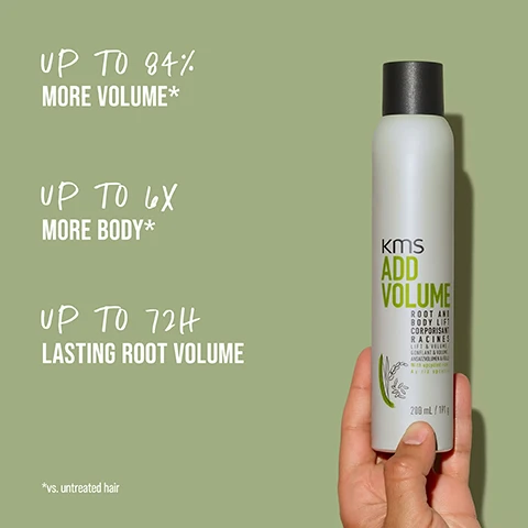 Image 1 - A person holds a can of KMS Add Volume, a hair product, against a light green background, with visible text stating UP TO 84% MORE VOLUME*, UP TO 6X MORE BODY*, and UP TO 72H LASTING ROOT VOLUME.
Image 2 - Image of a woman with blonde hair styled in two different ways: on the left, she has straight, shoulder-length hair and is wearing a white shirt, and on the right, she has wavy, shoulder-length hair, is wearing a grey shirt, and has layered necklaces; visible text reads BEFORE on the left and AFTER on the right.
Image 3 - An arrangement of uncooked white rice grains alongside fresh green rice stalks, with the words UPYCLED RICE displayed prominently at the bottom.
Image 4 - Image shows a thick, creamy texture resembling hair product, with a light green background, and text that reads HIGHLY-EFFECTIVE OUR FORMULAS WITH UPCYCLED RICE, MAKE HAIR MORE RESILIENT AND PLUMP STRANDS FOR AN INTENSE VOLUME BOOST.
Image 5 - A woman with wavy, shoulder-length blonde hair and bold makeup poses against a green background, showing a tattoo on her hand; visible text reads WEAR YOUR HAIR THE WAY YOU WANT.
Image 6 - A collection of six hair care products arranged on a light background, with the text ENDLESS POSSIBILITIES FOR YOUR HAIR prominently displayed above; products include a spray, shampoo, and styling foam, all labeled KMS ADD VOLUME.
Image 7 - A smiling woman with long dark hair wearing a green jacket and a blue top is positioned to the right of the image, with text on the left that states OUR COMMITMENT, followed by PETA APPROVED, COMMITTED TO PETAS GLOBAL ANIMAL TEST POLICY, VEGAN FORMULAS, and NO ANIMAL-DERIVED INGREDIENTS, along with the logo KMS HAIR at the bottom right.
Image 8 - Image features two spray bottles of KMS Add Volume hair product, with the left bottle labeled BEFORE and the right bottle labeled NOW, and visible text stating NEW IMPROVED FORMULA and UPCYCLED RICE.