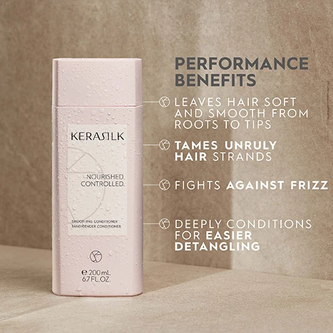 Image 1 - A pink bottle of KERASILK Smoothing Conditioner with water droplets on its surface is displayed against a neutral background, featuring text that highlights performance benefits: leaves hair soft and smooth from roots to tips, tames unruly hair strands, fights against frizz, and deeply conditions for easier detangling.
              Image 2 - Image of various shea nuts and pieces of shea bark arranged on a light surface, with a small clear orb reflecting the texture of a nut, and text reading SHEA OIL and a description about its benefits.
              Image 3 - A comparison image showing a persons hair with a frizzy, curly texture on the left labeled BEFORE and smoother, wavy hair on the right labeled AFTER.
              Image 4 - Image showing a womans hair, split in half with BEFORE on the left side displaying unstyled, wavy hair and AFTER on the right side showing straightened, sleek hair.
              Image 5 - A hand is holding a white tube of hair product labeled Kérastase Nourished Controlled while another hand is receiving a small amount of the product in a palm; the background is a soft pink color.
              Image 6 - A close-up of a pink shampoo bottle featuring a white label that reads KERASILK, NOURISHED. CONTROLLED., SMOOTHING SHAMPOO, and BÄNDIGENDES SHAMPOO, with bubbles on the bottles surface.
              Image 7 - Three bottles of KERASILK hair conditioner are displayed against a pink background, with labels indicating NOURISHED. CONTROLLED. and SMOOTHING CONDITIONER along with text highlighting a vegan formula, PETA approval, and natural ingredients.
              Image 8 - A light pink graphic features various icons and text indicating that the product is climate neutral, CO2 compensated, vegan, and free from silicones, sulfates, dyes, microplastics, and mineral oils.