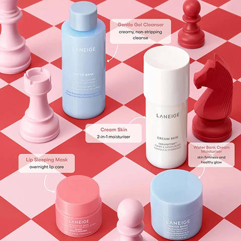 Image 4 - The image shows a pink and red checkered background with a pink queen, pink rook, red pawn, red knight, and a pink pawn chess pieces surrounding four Laneige skincare products: a light blue bottle labeled Laneige Water Bank Gentle Gel Cleanser Gel Nettoyant Doux Skin-friendly pH 5.0 Respectueux de la Peau Barrier Protection, Makeup Removing Protège la Barrière Cutanée, Démaquillant, accompanied by a callout Gentle Gel Cleanser creamy, non-stripping cleanse; a tall white bottle labeled Laneige Cream Skin CerapeptideTM Toner & Moisturizer Tonique & Hydratant, accompanied by a callout Cream Skin 2-in-1 moisturiser; a small pink jar labeled Laneige Lip Sleeping Mask Masque De Nuit Pour Les Lèvres Berry Fruits Rouges Net wt. 0.10 oz. / Poids net 3 g, accompanied by a callout Lip Sleeping Mask overnight lip care; and a small light blue jar labeled Laneige Water Bank Blue Hyaluronic Cream Moisturizer Hyaluronique Bleu Crème Hydratante 10 mL / 0.33 fl. oz., accompanied by a callout Water Bank Cream Moisturiser skin firmness and healthy glow. Image 6 - A blue Laneige branded zipper pouch displays four Laneige skincare products (a white toner, a light blue gel cleanser, a pink lip mask, and a small blue cream jar) against a geometric background of red and pink with scattered gold glitter, featuring the visible text HYDRATION ESSENTIALS, LANEIGE, LANEIGE CREAM SKIN CERAPEPTIDE™ TONER & MOISTURIZER / TONIQUE & HYDRATANT, LANEIGE WATER BANK Gentle Gel Cleanser / Gel Nettoyant Doux Skin-friendly pH 5.0 pH 5.0 Respectueux de la Peau Barrier Protection, Makeup Remover Protège la Barrière Cutanée, Démaquillant Net wt. 80 mL / 2.70 fl. oz., LANEIGE LIP SLEEPING MASK BERRY MASQUE DE NUIT POUR LES LÈVRES FRUITS ROUGES Net wt. 0.10 oz. / Poids net 3 g, LANEIGE WATER BANK BLUE HYALURONIC Cream Moisturizer / HYDRATANTE 10 mL / 0.33 fl. oz., HYDRATION TO GO [4 PIECES] SET HYDRATATION À EMPORTER [4 SOINS], WATER BANK Gentle Gel Cleanser / Gel Nettoyant Doux 80 mL / 2.70 fl. oz., CREAM SKIN CERAPEPTIDE™ TONER & MOISTURIZER / TONIQUE & HYDRATANT 50 mL / 1.69 fl. oz., WATER BANK BLUE HYALURONIC Cream Moisturizer / HYDRATANTE 10 mL / 0.33 fl. oz., LIP SLEEPING MASK BERRY / MASQUE DE NUIT POUR LES LÈVRES FRUITS ROUGES Net wt. 0.10 oz. / Poids net 3 g, and LANEIGE.