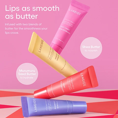 Image 1 - The image shows four tubes of Laneige Lip Glowy Balm in purple (Gummy Bear), yellow (Mango), red (Berry), and light purple (Blueberry) flavors, angled against a pink background with a red striped pattern, along with text that reads Lips as smooth as butter, Infused with two blends of butter for the smoothness your lips crave, Murumuru Seed Butter to hydrate, and Shea Butter to nourish, and each tube also displays LANEIGE LIP GLOWY BALM BAUME BRILLANT POUR LES LÈVRES, its flavor name, and Net Wt. 0.17 oz. / Poids net 5 g. Image 2 - A festive Laneige Glowy Lip Minis gift set features a pink and red box with gold stars, holding four colorful mini lip balms in red Berry, light blue Blueberry, yellow Mango, and purple Gummy Bear tubes, set against a background of geometric pink and red shapes with scattered gold glitter, with the text GLOWING, HYDRATED LIPS ON-THE-GO, LANEIGE, GLOWY LIP MINIS [4 PIECES] MINIS BAUMES LÈVRES BRILLANTS [4 SOINS], LIP GLOWY BALM / BAUME BRILLANT POUR LES LÈVRES Net Wt. 0.17 oz. / Poids net 5 g [BERRY / FRUITS ROUGES], [BLUEBERRY / MYRTILLE], [MANGO / MANGUE], [GUMMY BEAR / BONBON OURSON], and LANEIGE at the bottom.