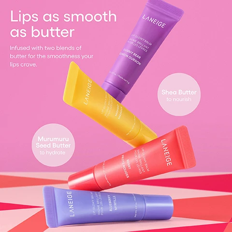 Image 1 - The image shows four tubes of Laneige Lip Glowy Balm in purple (Gummy Bear), yellow (Mango), red (Berry), and light purple (Blueberry) flavors, angled against a pink background with a red striped pattern, along with text that reads Lips as smooth as butter, Infused with two blends of butter for the smoothness your lips crave, Murumuru Seed Butter to hydrate, and Shea Butter to nourish, and each tube also displays LANEIGE LIP GLOWY BALM BAUME BRILLANT POUR LES LÈVRES, its flavor name, and Net Wt. 0.17 oz. / Poids net 5 g. Image 2 - A festive Laneige Glowy Lip Minis gift set features a pink and red box with gold stars, holding four colorful mini lip balms in red Berry, light blue Blueberry, yellow Mango, and purple Gummy Bear tubes, set against a background of geometric pink and red shapes with scattered gold glitter, with the text GLOWING, HYDRATED LIPS ON-THE-GO, LANEIGE, GLOWY LIP MINIS [4 PIECES] MINIS BAUMES LÈVRES BRILLANTS [4 SOINS], LIP GLOWY BALM / BAUME BRILLANT POUR LES LÈVRES Net Wt. 0.17 oz. / Poids net 5 g [BERRY / FRUITS ROUGES], [BLUEBERRY / MYRTILLE], [MANGO / MANGUE], [GUMMY BEAR / BONBON OURSON], and LANEIGE at the bottom.