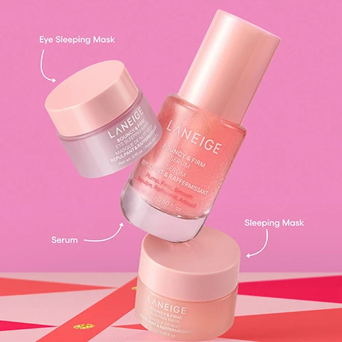 Image 4 - Three Laneige Bouncy & Firm skincare products are arranged on a pink and red background: a small jar labeled Eye Sleeping Mask reads LANEIGE BOUNCY & FIRM EYE SLEEPING MASK MASQUE DE NUIT YEUX REPULPANT & RAFFERMISSANT Net wt. 0.10 oz. / Poids net 3 g; a dropper bottle labeled Serum reads LANEIGE BOUNCY & FIRM SERUM SERUM REPULPANT & RAFFERMISSANT Plump, Firm, Smooth Repulpe, Raffermit, Adoucit 15 mL / 0.50 fl. oz.; and a larger jar labeled Sleeping Mask reads LANEIGE BOUNCY & FIRM SLEEPING MASK MASQUE DE NUIT REPULPANT & RAFFERMISSANT 10 mL / 0.33 fl. oz. Image 6 - A pink and red geometric background with scattered gold glitter frames a Laneige Bouncy & Firm skincare gift set that contains a clear bottle of serum and two pink jars of sleeping masks, displaying the text PLUMP AND GLOW for visibly plump, glowy, firmer and hydrated skin, LANEIGE, BOUNCY & FIRM MINI SKIN TREATS [3 PIECES] ROUTINE MINIS SOINS REPULPANTS & RAFFERMISSANTS [3 SOINS], BOUNCY & FIRM SERUM SÉRUM REPULPANT & RAFFERMISSANT 15 mL / 0.50 fl. oz. Plump, Firm, Smooth Repulpe, Raffermit, Adoucit, BOUNCY & FIRM SLEEPING MASK / MASQUE DE NUIT REPULPANT & RAFFERMISSANT 10 mL / 0.33 fl. oz., and BOUNCY & FIRM EYE SLEEPING MASK / MASQUE DE NUIT YEUX REPULPANT & RAFFERMISSANT 3 mL / 0.10 fl. oz.