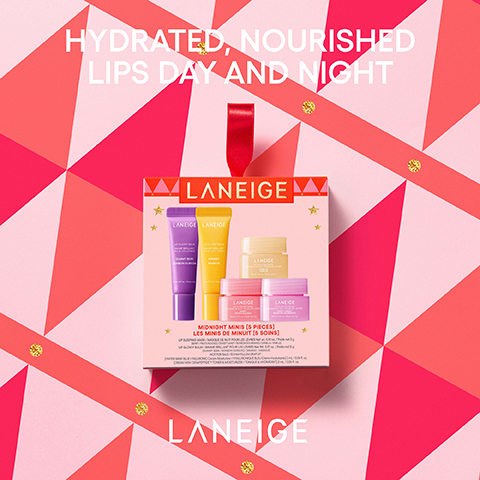 A Laneige gift set features five mini lip products: a purple Lip Glowy Balm in Gummy Bear, a yellow Lip Glowy Balm in Mango, a pale yellow Lip Sleeping Mask in Vanilla, a pink Lip Sleeping Mask in Berry, and a light pink Lip Sleeping Mask in Sweet Candy, displayed against a geometric pink and red background with golden glitter accents and a red ribbon at the top, with visible text reading HYDRATED, NOURISHED LIPS DAY AND NIGHT, Laneige logo, MIDNIGHT MINIS [5 PIECES] LES MINIS DE MINUIT [5 SOINS], LIP SLEEPING MASK / MASQUE DE NUIT POUR LES LÈVRES Net wt. 0.10 oz. / Poids net 3 g [BERRY / FRUITS ROUGES] / [SWEET CANDY / BONBON GOURMAND] / [VANILLA / VANILLE], LIP GLOWY BALM / BAUME BRILLANT POUR LES LÈVRES Net wt. 0.17 oz. / Poids net 5 g [GUMMY BEAR / BONBON OURSON] / [MANGO / MANGUE], NOT FOR SALE / ÉCHANTILLON GRATUIT: [WATER BANK BLUE HYALURONIC CREAM MOISTURIZER / HYALURONIQUE BLEU CRÈME HYDRATANTE] 2 mL / 0.06 fl. oz. [CREAM SKIN CERAPEPTIDE™ TONER & MOISTURIZER / TONIQUE & HYDRATANT] 2 mL / 0.06 fl. oz., and Laneige logo.