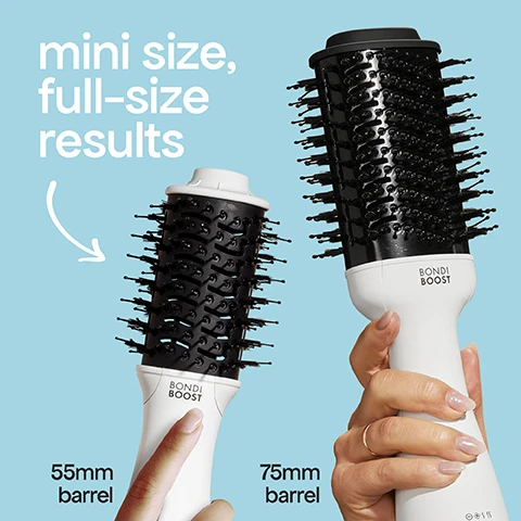 Image 1 - Image showing a smaller 55mm barrel Bondi Boost hair dryer brush next to a larger 75mm barrel Bondi Boost hair dryer brush, with the text mini size, full-size results. Image 2 - Hand holding a Bondi Boost hair dryer brush with text labels listing its features: mini size for convenient for travel, 360 degree airflow vents to dry while you style, professional swivel cord for ease, dual bristles smooth and detangle, for all hair types, 3x heat speed settings, and BONDIBOOST. Image 3 - A before and after image shows a woman with long dark brown hair that is wavy and unstyled before and smooth and styled after, with text labels before and after, and additional text stating products used: heat protect spray + Mini Blowout Brush. Image 4 - A smiling woman with blonde hair is next to text explaining how to get a salon-quality blowout: get a salon-quality blowout Step 1: detangle + use HG Heat Protect Spray Step 2: dry + style wrap hair around brush at roots and pull with tension for best results Step 3: use Bond Builder+ Finishing Oil to add shine Image 5 - A woman uses a hot brush on her hair, with visible text pro tip add tension to help reduce frizz and BOND BOOST on the brush. Image 6 - Hands hold a white BondiBoost Mini Blowout Brush and a bottle of BondiBoost Heat Protect Spray with text overlay reading best mates for less damage Mini Blowout Brush + Heat Protect Spray improve split ends by 86% after 1 use** protects up to 230°C* *Based on an in vitro study on hair tresses using a hair straightener at 450°F/230°C **Based on an in vitro study of bleached hair tresses. Image 7 - A round brush dryer and a multi-styler hair tool are shown side-by-side with text descriptions wash day Mini Blowout Brush wet to dry styling 360° airflow vents for drying voluminous salon finish BONDI BOOST everyday Mini Multi-Styler dry style days 2-in-1 hair straightener brush + curling iron sleek frizz-free finish BONDI BOOST.