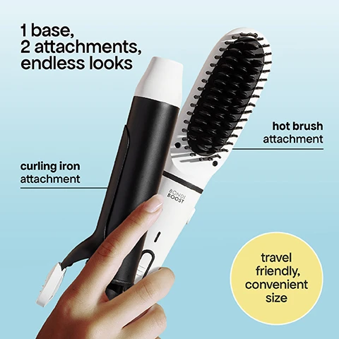 Image 1 - Hand holding a hair tool base with curling iron and hot brush attachments displayed, with text 1 base, 2 attachments, endless looks, curling iron attachment, hot brush attachment, BONDI BOOST, and travel friendly, convenient size. Image 2 - A woman uses a curling iron attachment and a hot brush attachment on her hair, with text reading 2 tools in 1 curling iron attachment for effortless, bouncy waves anywhere, anytime hot brush attachment perfect for smoothing + straightening hair or on-the-go touchups. Image 3 - A black travel case unfolded, holding a black curling wand and a white straightening brush with a zippered pouch, includes a yellow circle with the text travel case + heat mat included. Image 4 - Split image showing wavy hair next to a curling iron on the left and straight hair next to a hot brush on the right curling iron hot brush. Image 5 - The image shows two ceramic hair styling attachments, a brush and a curling iron, with the text ceramic attachments create long lasting styles evenly heat up to lock your look in place add shine + reudce frizz. Image 6 - Two hands hold a white hair straightening brush and a Bondi Boost heat protectant spray bottle with text reading best mates for less damage Ceramic Attachments + Heat Protect Spray improve split ends by 86% after 1 use protects up to 230°C Based on an In vitro study on hair tresses using a hair straightener at 450°F/230°C Based on an Invitro study of bleached hair tresses. Image 7 - A split image shows a womans blonde hair before and after styling into smooth waves, with text overlays before, after, and products used: heat protect spray + Mini Multi-Styler. Image 8 - A split image showing a womans hair before and after styling with visible text labels before and after and a list of products used heat protect spray + Mini Multi-Styler. Image 9 - A comparison image showing long dark hair before styling and after styling with a curling iron or hot brush, with text labels before, after curling iron, after hot brush, and products used: heat protect spray + Mini Multi-Styler.