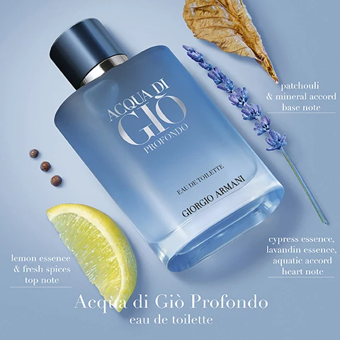 Image 1 - A blue gradient perfume bottle lies with a lemon slice, lavender, and dried leaf, showing text on the bottle ACQUA DI GIÒ PROFONDO, EAU DE TOILETTE, GIORGIO ARMANI and surrounding text lemon essence & fresh spices top note, cypress essence, lavandin essence, aquatic accord heart note, patchouli & mineral accord base note, Acqua di Giò Profondo eau de toilette. Image 2 - Three Giorgio Armani Acqua di Gio Profondo fragrance bottles, EDT, EDP, and Parfum, are displayed against a water and sky background with text below them reading ACQUA DI GIO PROFONDO EAU DE TOILETTE GIORGIO ARMANI PROFONDO EDT ICY & FRESH AN ULTRA FRESH TRAIL MEDIUM PROJECTION EVERYDAY Intensity 1 Longevity 1 ACQUA DI GIO PROFONDO EAU DE PARFUM GIORGIO ARMANI PROFONDO EDP FRESH & AROMATIC FRESH & ROMANTIC TRAIL BOLD PROJECTION ALL DAY Intensity 2 Longevity 2 ACQUA DI GIO PROFONDO PARFUM GIORGIO ARMANI PROFONDO PARFUM RICH & AROMATIC FRESH & INTENSE TRAIL CAPTIVATING PROJECTION DAY-TO-NIGHT Intensity 3 Longevity 3.