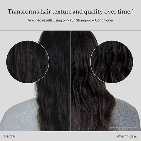 Image 3 - A side-by-side image shows a woman with red hair, on the left labeled Before, her hair appears less voluminous with a neutral expression, and on the right labeled After 1 wash, her hair is noticeably fuller and she is smiling, with text at the top reading Full Shampoo + Conditioner 2x the volume with every wash. and small text at the bottom right reading *Unretouched images. Results after 1 use. Image 4 - A split image displays a persons dark hair from the back, showing a Before state on the left with less defined texture and an After 14 days state on the right with noticeably smoother, wavier hair, alongside the visible text Transforms hair texture and quality over time, Air-dried results using only Full Shampoo + Conditioner, Before, After 14 days, and *Based on a 3-week consumer use study. Image 5 - A product advertisement displays a light grey bottle of Living Proof Full Shampoo with a white cap, standing on a blue background with white bubbly patterns, next to three blue rounded rectangular text boxes listing benefits, all showing the text Sili-CLONE™ HairTech, Living proof, full shampoo, for fine, thin or flat hair, pour les cheveux fins, plats ou peu fournis, SHAMPOO, SHAMPOOING, 236 mL e 8.0 FL OZ US, DELIVERS 2X THE VOLUME IN JUST 1 WASH*, KEEPS HAIR CLEANER + HEALTHIER FOR LONGER**, IMPROVES HAIR TEXTURE AND QUALITY, *Full Shampoo + Conditioner vs. untreated, **Based on Full Shampoo + Conditioner consumer use study. Image 6 - An infographic on a blue background with water droplets compares Sili-CLONE™ HairTech versus Silicone, detailing that Sili-CLONE™ HairTech leads to hair actually becomes healthier, keeps hair cleaner and healthier, longer, and promotes longevity of hair health, whereas Silicone leads to hair appears healthy, damage is masked, makes hair dirtier, faster, and can lead to chronic damage. Image 7 - A close-up of a light-colored bottle covered in water droplets with white dashed lines outlining its shape, displaying the text Bottles are ready for recycling. Made of 50% post-consumer recycled (PCR) materials. Image 8 - A blue background with a cluster of iridescent bubbles on the right side, with the text Sili-CLONE™ HairTech Feels like silicone, scientifically proven to unlock healthier hair.