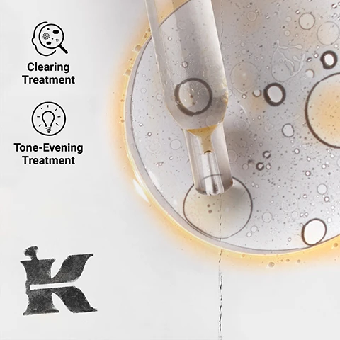 Image 1 - A close-up shows a pipette dripping serum into a dish with oil and water, alongside icons and text that read Clearing Treatment and Tone-Evening Treatment, and a large letter K. Image 2 - A bottle of Kiehls serum with a dropper and a large decorative K graphic on a teal background next to text that says Exfoliate to reduce the appearance of ingrown hairs 90 % Agree skin tone looks more even* *Self Assessment, 108 subjects. KIEHLS SINCE 1851 DERMATOLOGIST SOLUTIONS KIEHLS PERSONALS Ingrown Hair & Tone-Correcting Intimate Drops Clinically Demonstrated* to Help Improve the Appearance of Ingrown Hairs and Discoloration in Pubic and Sensitive Areas with Gentle AHAs, Antioxidant Astaxanthin, and Jojoba Oil 1.0 fl. oz. - 30 ml. Image 3 - The image shows abstract representations of ingredients including molecules and oil with leaves next to the text Our Formula With: Gentle AHA Blend Astaxanthin Jojoba Oil. Image 4 - Image shows a collage of text steps and product images with the text shhhAKE IT step 1 Really, shake it up step 2 Apply 1-2 drops to finger step 3 Dab on areas prone to occasional ingrown bumps or uneven tone including a hand holding a bottle and a drop on a finger. Image 5 - A before and after comparison image showing skin with irritation and bumps before treatment and smoother skin after treatment. Text reads Before After Based on expert grading in a clinical study after 4 weeks of use.