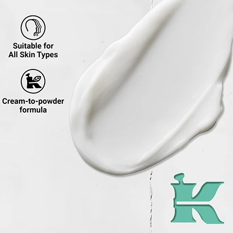 Image 1 - A smear of white cream with icons and text Suitable for All Skin Types and Cream-to-powder formula, plus a large teal K logo. Image 2 - A Kiehls Over & Under Cream-to-Powder Deodorant tube is positioned on a teal background next to a smear of white cream product shaped like a K, with overlay text reading UP TO 96-HOUR ODOR CONTROL*, and tube text reading SINCE 1851, KIEHLS DERMATOLOGIST SOLUTIONS, KIEHLS PERSONALS Over & Under Cream-to-Powder Deodorant, Demonstrated to Help Neutralize Odor, Soothes Discomfort in Underarm, Pubic, and Sensitive Areas, Formulated for everywhere, even down there, our deodorant with a Gentle Acid Blend help counteract and neutralize odor. With a lightweight silky texture, our creamy formula transforms into a smooth powder finish, minimizing feelings of discomfort caused by friction. Lightly scented, our formula is suitable for all skin types and sensitive areas including underarms, chest and pubic area., Formulated Without Aluminum & Talc, 2.5 fl. oz. - 75 ml, *Based on expert odor evaluation in the armpit area., and *Instrumental test, 21 subjects. Image 3 - A molecular structure and stylized logo on a green background with the text Our Formula With: Gentle Acid Blend.