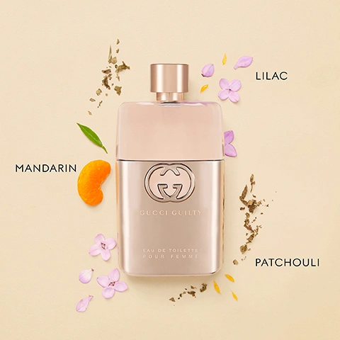 Image 1 - A rose gold Gucci Guilty perfume bottle is displayed on a light background, surrounded by a mandarin segment, green leaf, purple lilac petals, and dried patchouli leaves, with visible text reading Gucci Guilty Eau de Toilette Pour Femme, Mandarin, Lilac, Patchouli. Image 2 - A product display features four Gucci Guilty perfume bottles in varying warm tones and purple with an orange slice, lilac flowers, a yellow flower, and dark pods on a peach background, with visible text on the bottles GUCCI GUILTY EAU DE TOILETTE POUR FEMME, GUCCI GUILTY POUR FEMME, GUCCI GUILTY INTENSE POUR FEMME, GUCCI GUILTY ELIXIR DE PARFUM POUR FEMME, and below each bottle, corresponding labels EAU DE TOILETTE, EAU DE PARFUM, EAU DE PARFUM INTENSE, ELIXIR DE PARFUM, followed by the word INTENSITY.