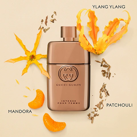 Image 1 - A bronze-colored perfume bottle for Gucci Guilty Intense Pour Femme is surrounded by a yellow star-shaped flower, an orange ruffled flower with the visible text YLANG YLANG, two orange mandarin segments with the visible text MANDORA, and scattered brown dried leaves with the visible text PATCHOULI, while the bottle itself displays the text Gucci Guilty Intense Pour Femme. Image 2 - Four Gucci Guilty perfume bottles in different formulations and colors, from light amber to deep purple, are displayed on a reflective surface with an orange slice, lilac blossoms, a yellow flower, and vanilla pods, against a peach background, with visible text reading Gucci Guilty Eau de Toilette Pour Femme, Gucci Guilty Pour Femme, Gucci Guilty Intense Pour Femme, Gucci Guilty Elixir de Parfum Pour Femme, Eau de Toilette, Eau de Parfum, Eau de Parfum Intense, Elixir de Parfum, and Intensity.