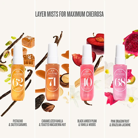 Image 3 - Four Sol de Janeiro perfume mists are displayed, each surrounded by its key ingredients: a golden yellow mist with pistachios and salted caramel, an amber mist with macadamia nuts and vanilla, a pink mist with black amber plums and vanilla, and a light pink mist with dragonfruit and jasmine; visible text reads Layer Mists for Maximum Cheirosa, Sol de Janeiro Fragrance Cheirosa 62 Perfume Mist Brume Parfumée Pistachio & Salted Caramel, Sol de Janeiro Fragrance Cheirosa 71 Perfume Mist Brume Parfumée Caramelized Vanilla & Toasted Macadamia Nut, Sol de Janeiro Fragrance Cheirosa 40 Perfume Mist Brume Parfumée Black Amber Plum & Vanilla Woods, Sol de Janeiro Fragrance Cheirosa 68 Perfume Mist Brume Parfumée Pink Dragonfruit & Brazilian Jasmine. Image 6 - A Sol de Janeiro Spritz & Shine gift set, presented in a white box with a colorful beaded design and a pink ribbon, contains four 1 fl oz bottles of Cheirosa perfume mists in orange (62), caramel (71), light pink (40), and dark pink (68), and includes the text Formulated Without Mineral Oil, Phthalates, or Parabens PETA-Certified Animal Test-Free and Vegan, along with an FSC logo and website www.fsc.org.