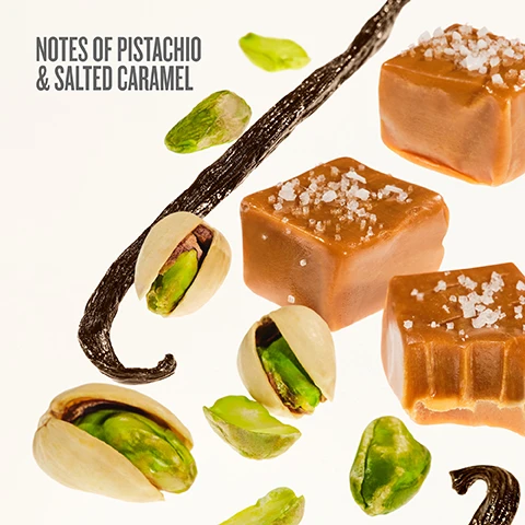 Image 3 - A white background features falling pistachios, dark vanilla beans, and salted caramel candies with visible salt crystals, alongside the text Notes of Pistachio & Salted Caramel. Image 5 - A white gift box with colorful, bead-like patterns containing a golden Sol de Janeiro Fragrance Cheirosa 62 Perfume Mist 1.0 fl oz / 30 mL e and a Sol de Janeiro Brazilian Bum Bum Cream 2.5 fl oz / 75 mL e is shown, with a star-shaped tag reading Sol de Janeiro Bum Bum Party of Two, and the cream label noting it Firms & Tightens and is Fast Absorbing, while prominent text below the box states FORMULATED WITHOUT MINERAL OIL, PHTHALATES, OR PARABENS PETA-CERTIFIED ANIMAL TEST-FREE AND VEGAN.