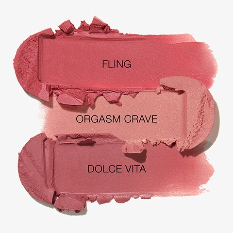 Image 1 - Three rectangular swatches of blush in shades of pink and red are shown, labeled Fling, Orgasm Crave, and Dolce Vita. Image 2 - Three arms with fair, medium, and dark skin tones display three horizontal swatches of pink-hued makeup, labeled on the left as ORGASM CRAVE, DOLCE VITA, and FLING. Image 3 - A black NARS makeup stick with a peachy-pink tip is shown against a textured peach-pink background, with white text promoting NEXT-LEVEL FORMULA, NEW THE MULTIPLE, LONG-LASTING UP TO 16H WEAR ON CHEEKS, CREAM-TO-POWDER TRANSFORMATIVE TEXTURE, and SOFT-FOCUS BLURRED FINISH.