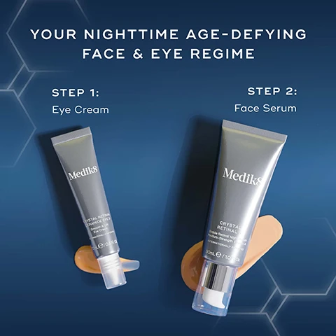 Image 3 - Two silver Mediki8 skincare tubes are presented on a dark blue background with product swatches: on the left is a tube of eye cream with a screw cap, and on the right is a tube of face serum with a pump dispenser, featuring the visible text Your Nighttime Age-Defying Face & Eye Regime, Step 1: Eye Cream, Mediki8 Crystal Retinal Ceramide Eye 3 Smooth & Lift Eye Cream Internationally Patented 15mL/0.5 FL.OZ, Step 2: Face Serum, Mediki8 Crystal Retinal 3 Stable Retinal Night Serum Medium-Strength Vitamin A Internationally Patented 30mL/1.0 FL.OZ. Image 4 - Two silver Medik8 skincare tubes, one larger and one smaller, stand on a dark blue surface, with visible text reading CRYSTAL RETINAL FACE SERUM Visibly firms, brightens and smooths your skin while you sleep, Medik8 CRYSTAL RETINAL 3 Stable Retinal Night Serum Medium-Strength Vitamin A INTERNATIONALLY PATENTED 30mL / 1.0 Fl. Oz, CRYSTAL RETINAL CERAMIDE EYE Targets the appearance of crows feet, fine lines and puffiness, and Medik8 CRYSTAL RETINAL CERAMIDE EYE 3 Smooth & Lift Eye Cream INTERNATIONALLY PATENTED 15mL / 0.5 Fl. Oz. Image 5 - A before and after image shows an older womans eye and cheek area, with noticeable wrinkles on the left side labeled BEFORE and reduced wrinkles on the right side labeled AFTER 4 WEEKS, accompanied by Medik8 Crystal Retinal 6 and Crystal Retinal Ceramide Eye 6 products, and text stating Wrinkles visibly reduced in 4 weeks*, *Proven via independent clinical study on Crystal Retinal 6 & Crystal Retinal Ceramide Eye 6. Tested on 29 participants over 8 weeks.