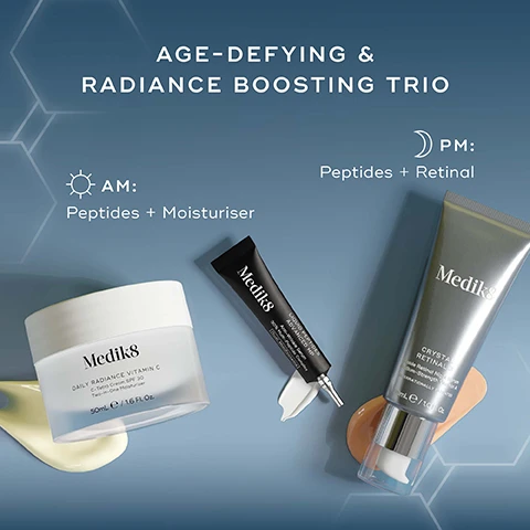 Image 3 - Three Medik8 skincare products, a white jar, a black tube, and a silver tube, are arranged on a blue background with hexagonal patterns, each with a swatch of its formula; the visible text reads AGE-DEFYING & RADIANCE BOOSTING TRIO AM: Peptides + Moisturiser Medik8 DAILY RADIANCE VITAMIN C C-Tetra Cream SPF 30 Two-in-One Moisturiser 50ml e / 1.6 Fl. Oz. PM: Peptides + Retinal Medik8 LIQUID PEPTIDES ADVANCED MP 30% Anti-Wrinkle Serum 30% Multi-Peptide Complex Dual MiniProteins 30ml e / 1.0 Fl. Oz. Medik8 CRYSTAL RETINAL 3 Stable Retinal Night Serum Medium-Strength Vitamin A INTERNATIONALLY PATENTED 30ml e / 1.0 Fl. Oz. Image 4 - A split image displays a persons forehead, labeled BEFORE, showing visible wrinkles, and a second image, labeled AFTER 1 TUBE, showing significantly reduced wrinkles, alongside a silver tube of Medik8 Crystal Retinal 6 Stable Retinal Night Serum Super-Strength Vitamin A 30ml e/1.0 fl.oz., with additional text stating 9/10 agree this is the best anti-ageing serum they have ever used*, and *Proven via independent clinical study on the Crystal Retinal ladder tested on 30 participants over 24 weeks. Image 5 - A promotional image showcases three Medik8 skincare products: a silver bottle with text Medik8 CRYSTAL RETINAL 3 Stable Retinal Night Serum Medium-Strength Vitamin A INTERNATIONALLY PATENTED 30ml e 1.0 Fl. Oz., presented alongside the large text CRYSTAL RETINAL Visibly reduces wrinkles; a black tube with text Medik8 LIQUID PEPTIDES ADVANCED MP Anti-Wrinkle Serum 30% Multi-Peptide Complex Dual MiniProteins, presented alongside the large text LIQUID PEPTIDES ADVANCED MP Plumps & firms your skin; and a white jar with text Medik8 DAILY RADIANCE VITAMIN C C-Tetra Cream SPF 30 Two-in-One Moisturiser 50ml e 1.6 Fl. Oz., presented alongside the large text DAILY RADIANCE VITAMIN C Hydrates, brightens & protects with SPF 30. Image 6 - A before and after image displays the side of a face, showing prominent wrinkles near the eye and temple area on the left, labeled BEFORE, and significantly reduced wrinkles on the right, labeled AFTER 8 weeks, along with a Medik8 Liquid Peptides Advanced MP serum bottle, and the visible text reads: BEFORE AFTER 8 weeks Clinically proven to improve the look of deep-set wrinkles in 8 weeks ** **Proven via independent clinical study on Liquid Peptides Advanced MP tested on 34 participants at 10 minutes & 8 weeks Medik8 LIQUID PEPTIDES ADVANCED MP Anti-Wrinkle Serum 30% Multi-Peptide Complex with Growth Factors Dual MiniProteins 30MLE / 1.0 Fl. Oz.