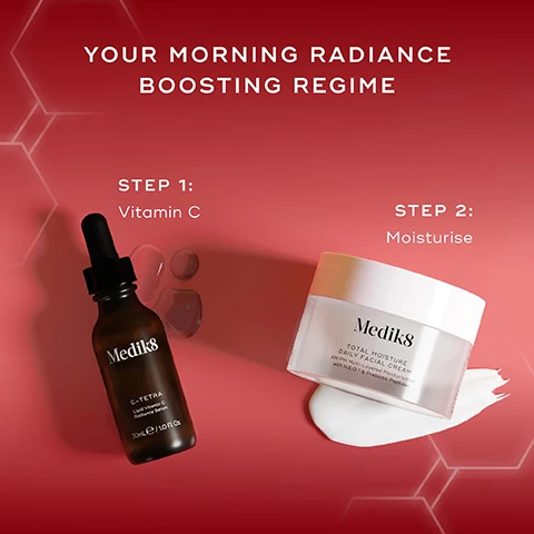 Image 3 - A red image with hexagon patterns presents Your Morning Radiance Boosting Regime, showing a brown dropper bottle of Medik8 C-TETRA Lipid Vitamin C Radiance Serum 30mL e / 1.0 Fl. Oz. with clear liquid drops for Step 1: Vitamin C, and a white jar of Medik8 TOTAL MOISTURE DAILY FACIAL CREAM AM/PM Multi-Layered Moisturisation with H.E.O. & Prebiotic Peptides with white cream for Step 2: Moisturise. Image 4 - An image on a red background shows a Medik8 C-TETRA Lipid Vitamin C Radiance Serum 30ml e / 1.0 Fl. Oz. bottle and a Medik8 TOTAL MOISTURE DAILY FACIAL CREAM AM/PM Multi-Layered Moisturisation with H.E.O.® & Prebiotic Peptides jar, with additional text C-TETRA Visibly restores the look of skin radiance, perfect for beginners or sensitive skin, TOTAL MOISTURE DAILY FACIAL CREAM 100 hours of deep moisture and proven skin barrier support*, and *Proven via independent clinical study on Total Moisture Daily Facial Cream on 33 volunteers over 2 weeks. Image 5 - A split image shows a womans face before and immediately after product application, demonstrating a visible reduction in wrinkles and improved skin hydration highlighted by a dotted circle, alongside a jar of Medik8 Total Moisture Daily Facial Cream, with overlaying text that states BEFORE, IMMEDIATELY AFTER, 100hrs of clinically proven moisturisation, and Proven via independent clinical study on Total Moisture Daily Facial Cream on 33 volunteers over 2 weeks.