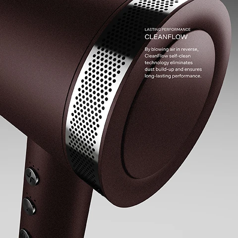 Image 4 - A close-up of a dark brown, textured device featuring a silver perforated band and control buttons on a light grey background, with the text LASTING PERFORMANCE CLEANFLOW By blowing air in reverse, CleanFlow self-clean technology eliminates dust build-up and ensures long-lasting performance. Image 6 - A close-up of a dark brown hair dryer shows three circular silver buttons with fan, thermometer, and power symbols, along with a perforated air vent, and text that reads FOR HEALTHIER STYLING 3 TEMPERATURE SETTINGS When it comes to heat, less is more. The Airshot Pro features Variable Temperature Control, regulating heat at 100 times a second to provide shine. Dry your hair at the healthiest heat for you with three temperature settings. Image 7 - A close-up of a dark brown hair dryer angled upwards against a gray background with text that reads VERSATILE STYLING, MAGNETIC HEADS, No other hair dryer adapts to your hair type and style. Use the Diffuser for beautifully defined curls or the Precise Drying Nozzle for smooth, sleek styles., and CLOUD NINE. Image 8 - A brown Cloud Nine hairdryer is shown with features labeled: [01.] MAGNETIC HEADS, [02.] SELF-CLEAN TECHNOLOGY, [03.] PERSONALISED TEMPERATURE CONTROL.