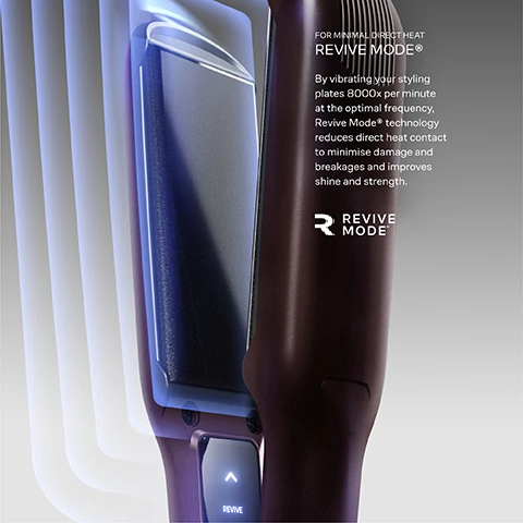 Image 4 - A close-up of a dark hair styling tool with an illuminated blue inner plate and a digital display showing REVIVE, accompanied by text that reads: FOR MINIMAL DIRECT HEAT REVIVE MODE® By vibrating your styling plates 8000x per minute at the optimal frequency, Revive Mode® technology reduces direct heat contact to minimise damage and breakages and improves shine and strength, and a logo with R REVIVE MODE®. Image 6 - A close-up of a brown hair straightener displays a dark digital screen with glowing blue-white up and down arrow symbols, the word REVIVE, temperature settings 200, 150, 100, and CLOUD NINE written vertically, accompanied by text that reads FOR HEALTHIER STYLING 11 TEMPERATURE SETTINGS Select your optimum styling temperature from 11 heat settings between 100°C and 200°C. Whatever your hair type, it responds better when styled at the perfect temperature - the right setting reduces damage from excessive heat and promotes healthier hair. Image 7 - A dark brown hair straightener with black textured plates slightly open, showing a glowing blue display with an up arrow and the word REVIVE, alongside text that reads FOR A GLOSSIER FINISH SERICITE® PLATES Sericite®-infused, cushioned styling plates lock in moisture and distribute heat evenly to promote strength, frizz-free shine and long-lasting health. Image 8 - A brown hair straightener with black plates is displayed slightly open on a dark background, showing a control panel with up and down arrows and glowing purple lights, with visible text reading [01.] KINDER SERICITE® PLATES, REVIVE, 200, 150, 100, CLOUD NINE, [02.] PRESSURE-REDUCING REVIVE MODE®, and [03.] PERSONALISED TEMPERATURE CONTROL.