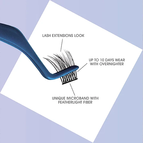 Image 1 - A blue applicator tool holds black false eyelashes, with text indicating LASH EXTENSIONS LOOK, UP TO 10 DAYS WEAR WITH OVERNIGHTER, and UNIQUE MICROBAND WITH FEATHERLIGHT FIBER. Image 2 - A grid of four close-up images shows different eye shapes wearing false eyelashes, labeled ALMOND, ROUND, HOODED, MONOLID. Image 3 - A womans face is split vertically showing her natural eyelashes on the left and longer, fuller eyelashes on the right, with text BEFORE on the left and AFTER on the right. Image 4 - The image features three panels illustrating the application of false eyelashes on an eye: a black wand applies bond to the upper lashes, a purple tool places individual wisps underneath the lashes, and a white wand brushes on a seal to the completed lashes. The visible text reads: HOW TO APPLY 1. BRUSH ON BOND. 2. PLACE WISPS UNDERNEATH YOUR LASHES. 3. BRUSH ON SEAL. HOW TO REMOVE SATURATE THE COTTON PAD WITH A REMOVER AND PLACE IT OVER YOUR EYES. HOLD FOR 10 SECONDS AND GENTLY WIPE AWAY TO REMOVE.