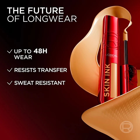 Image 1 - Red tube of LOreal Skin Ink product with a swirl of light brown liquid THE FUTURE OF LONGWEAR UP TO 48H WEAR RESISTS TRANSFER SWEAT RESISTANT LOREAL PARIS SKIN INK. Image 2 - A split image shows a womans face with makeup applied on the left and without makeup on the right, with text reading AFTER, BEFORE, 260 MEDIUM-LIGHT WARM UNDERTONE. Image 3 - A brown tube is on wavy shiny brown material with text reading UNDETECTABLE FEELING FLEXIBLE FORMULA. Image 4 - A woman applies foundation with a brush to her face while holding a red bottle of LOréal Paris Skin Ink, with overlaid text reading 2 IN 1 FOUNDCEALER TARGETED APPLICATION BLENDABLE FOR FULL FACE BUILDABLE COVERAGE and an R within a circle logo. Image 5 - Four arms display makeup swatches with visible shade numbers on various skin tones and text IN 15 SHADES.