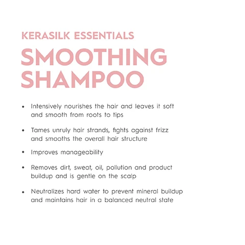 Image 2 - Text describes Kerasilk Essentials Smoothing Shampoo and its benefits including intensely nourishing, taming unruly hair and fighting frizz, improving manageability, removing dirt, sweat, oil, pollution and product buildup, and neutralizing hard water. Image 3 - A light pink Kerasilk Smoothing Conditioner bottle with water droplets is shown next to text listing its benefits: KERASILK, NOURISHED. CONTROLLED., SMOOTHING CONDITIONER, BÄNDIGENDER CONDITIONER, e 200 mL, 6.7 FL. OZ., PERFORMANCE BENEFITS, LEAVES HAIR SOFT AND SMOOTH FROM ROOTS TO TIPS, TAMES UNRULY HAIR STRANDS, FIGHTS AGAINST FRIZZ, DEEPLY CONDITIONS FOR EASIER DETANGLING. Image 4 - A white jar of Kerasilk Smoothing Mask is shown with text listing performance benefits including PERFORMANCE BENEFITS UP TO 6.7X INCREASED SMOOTHNESS* IMPROVED MANAGEABILITY & SMOOTHNESS FOR UP TO 5 WASHES UP TO 67% LESS FRIZZ* KERASILK SOFT. NOURISHED. LUXURIOUS. SMOOTHING MASK BÄNDIGENDE MASKE e 200 mL/6.7 FL.OZ. * INSTRUMENTAL TEST - COMPARISON VS. NO PRODUCT. Image 5 - A light pink Kerasilk conditioner bottle with a swirl of product, shea nuts, and droplets, surrounded by text that reads: KERASILK NOURISHED. CONTROLLED. SMOOTHING CONDITIONER BÄNDIGENDER CONDITIONER e 200 mL 6.7 FL. OZ. IMPROVES MANAGEABILITY FOR LUXURIOUSLY SMOOTH HAIR INTENSIVELY NOURISHES AND CALMS A RICH CONDITIONER INFUSED WITH BIOMIMETIC SILK & SHEA OIL * INSTRUMENTAL TEST - COMPARISON VS. NO PRODUCT. Image 6 - A jar of Kerasilk Smoothing Mask is shown with surrounding text that reads: INTENSELY CONDITIONS EVEN THE COARSEST HAIR A RICH MASK CREATED WITH BIOMIMETIC SILK & SHEA OIL KERASILK SOFT. NOURISHED. LUXURIOUS. SMOOTHING MASK BÄNDIGENDE MASKE e 200mL/6.7FL.OZ. TAMES AND DEEPLY NOURISHES FOR EXCEPTIONAL FRIZZ CONTROL & BEAUTIFUL SHINE * INSTRUMENTAL TEST – COMPARISON VS. NO PRODUCT. Image 7 - Image on a pink background with text reading CLIMATE CONSCIOUS INSIDE OUT, CLIMATE NEUTRAL PRODUCT: Product is CO₂ compensated¹ with a circular climate neutral icon and text climate partner 14717-2005-1001 Climate neutral, VEGAN FORMULA: No animal-derived ingredients with a beaker and leaf icon and text VEGAN FORMULA, FREE FROM: silicones, sulfates, dyes, microplastics, mineral oils with a flask icon, and a footnote 1 - product is CO₂ compensated; Climate neutral = Often also called carbon neutral, describing the reduction and compensation of carbon emissions to Zero, but scientifically climate neutral refers to all greenhouse gases, not only carbon dioxide.